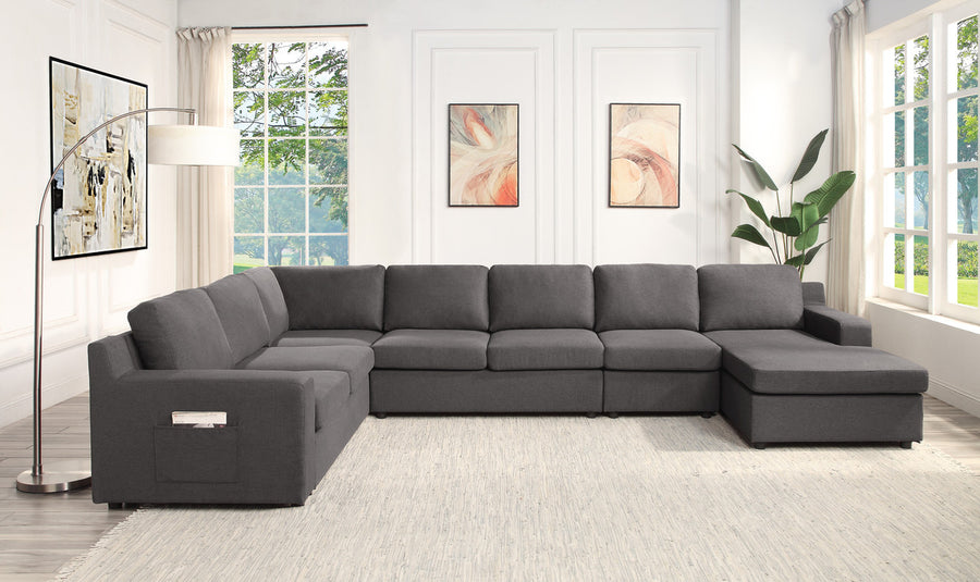 Waylon 145.5' Gray Linen 7-Seater U-Shape Sectional Sofa Chaise with Pocket - detail view 2