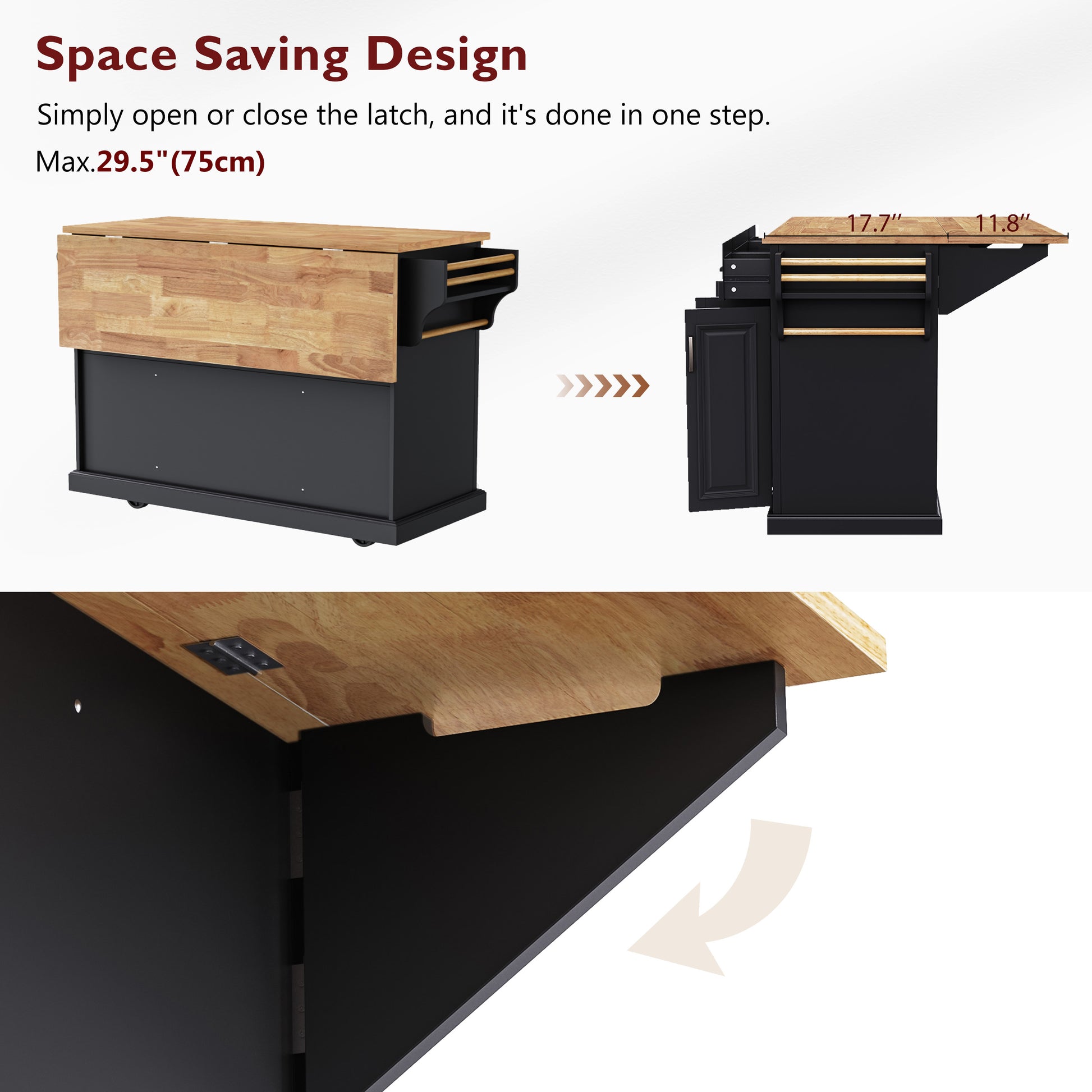K&k 54" Large Kitchen Island with Rubber Wood Drop Leaf - Black - detail view 8