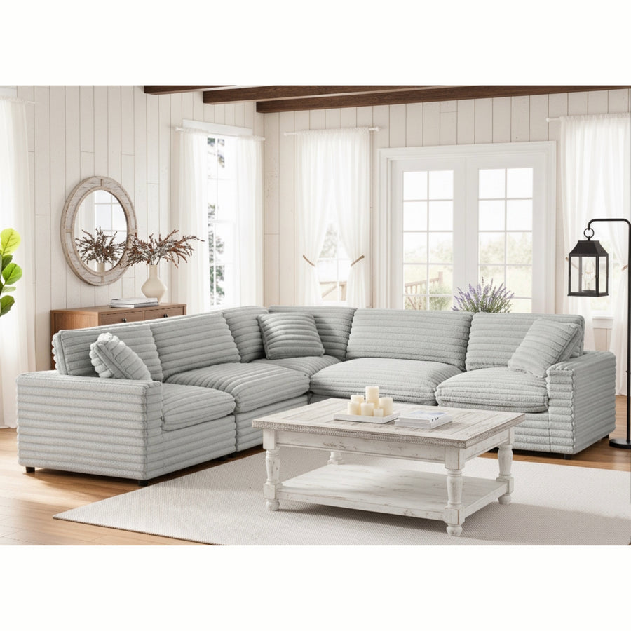 Jenny 5-Piece Sectional in Plush Polyester Cord-Like Fabric, Gray - detail view 2