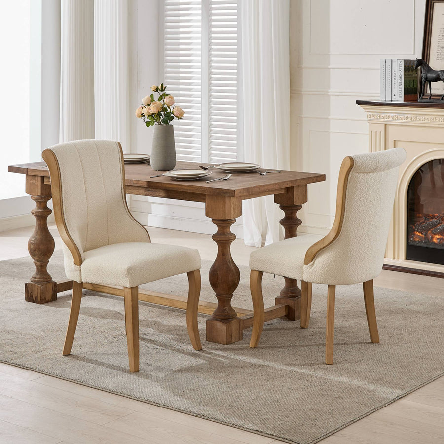 Beige Fabric Dining Chairs with Wood Legs (Set of 2)