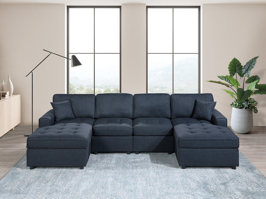 Contemporary Style Sectional Sofa Set RAF And LAF Chaise Armless Chairs Dark Blue Color Dorris Fabric Tufted Couch Pillows Living Room - primary color shot