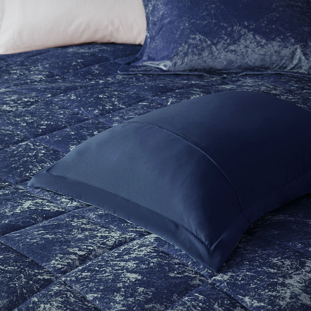 Navy Blue Velvet Comforter Set with Throw Pillow, Blue