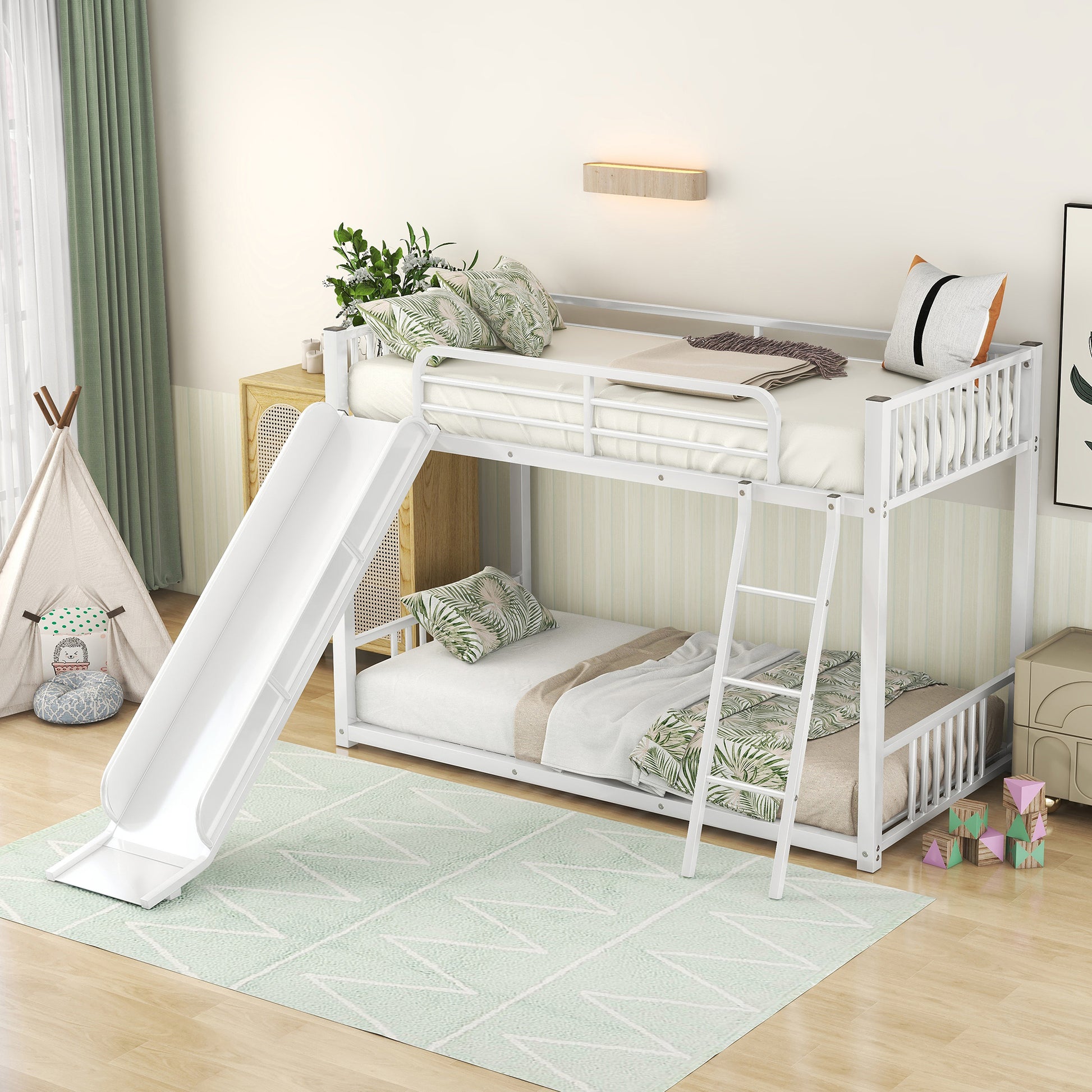Megan Modern White Metal Twin Bunk Bed with Slide