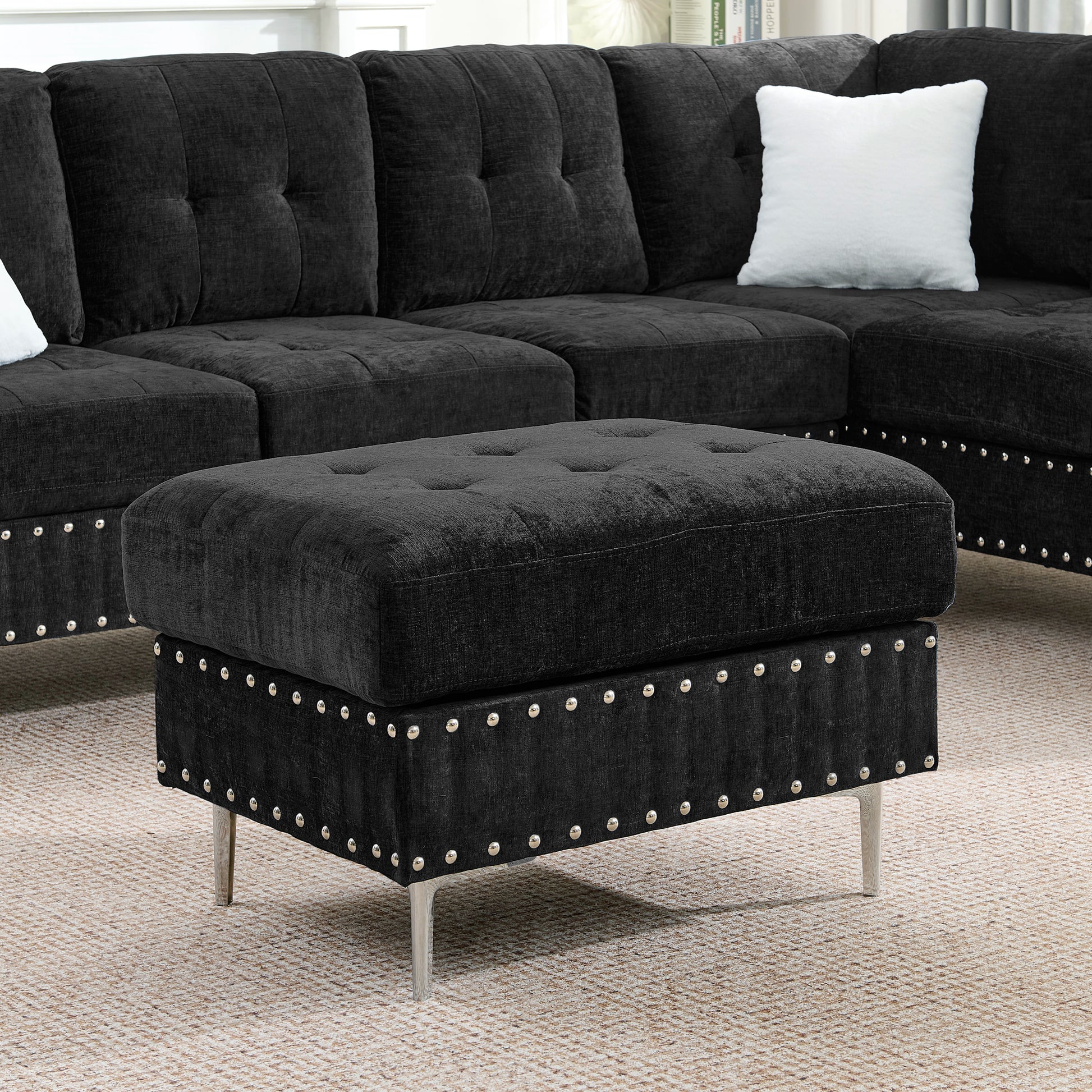 Modern L-Shaped Sectional Sofa with Chaise and Storage Ottoman in Black Chenille, Metal Legs and Copper Nails, Includes Two White Pillows, 102' - detail view 7