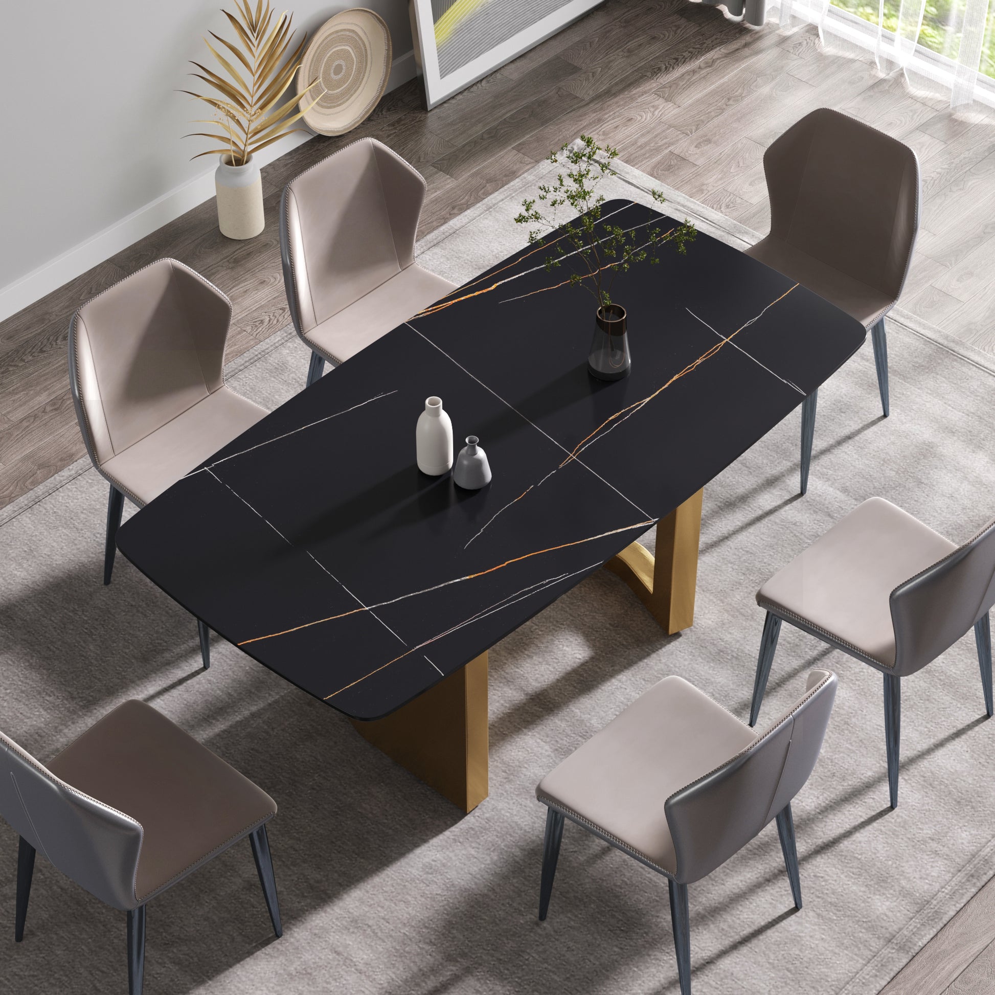 Elara Modern 70.8" Artificial Stone Dining Table, Black & Gold