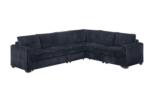 Black Finish L-Shaped Sectional Set 4pc One Arm Loveseat Armless Chair Corner Wedge Cushion Back Plastic Leg Corduroy Upholstered Primary Living Room - detail view 2