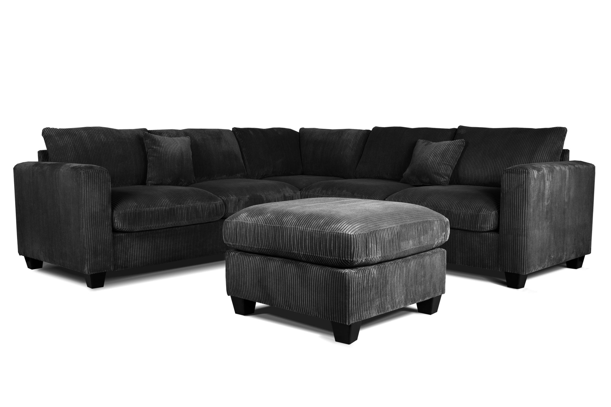 Modern Style L-Shaped 4pc Sectional Set Cocktail Ottoman Square Arms Throw Pillow Corduroy Upholstered Black Finish Primary Living Room - detail view 3