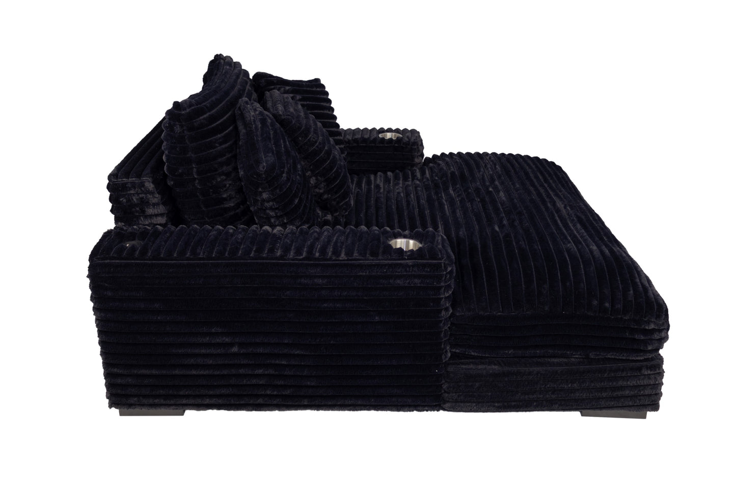 Modern Chaise Lounge W 2/ Cup Holders USB Ports Black Corduroy Wooden Legs Pillows Plush Couch Sofa Chaise - detail view 6