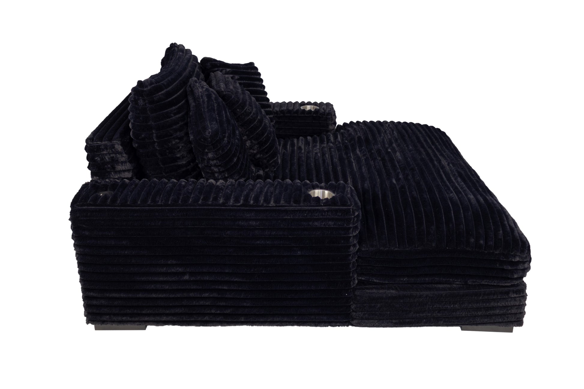 Modern Chaise Lounge W 2/ Cup Holders USB Ports Black Corduroy Wooden Legs Pillows Plush Couch Sofa Chaise - detail view 6