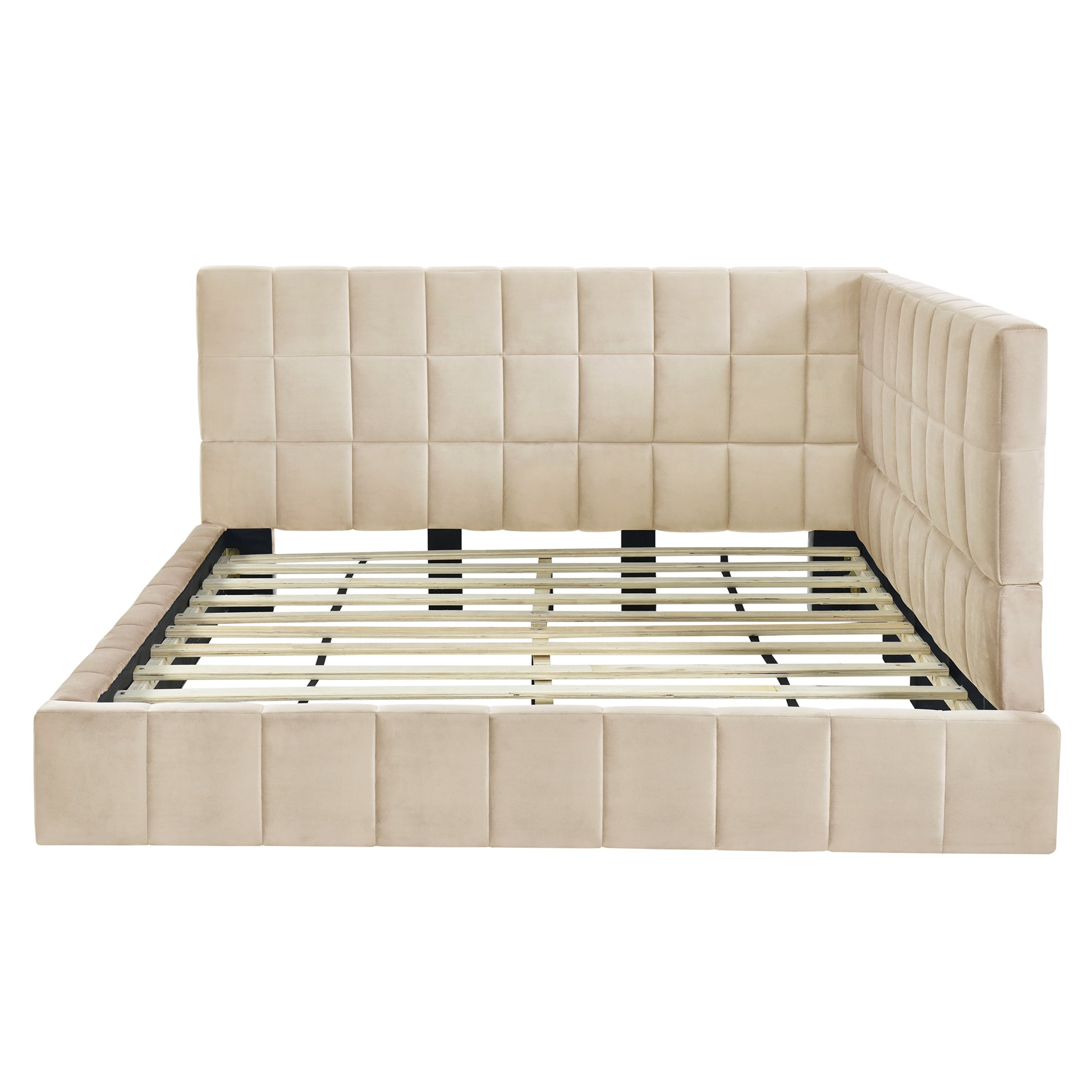 Asher Full Size Velvet Corner Daybed Bed Frame, Beige