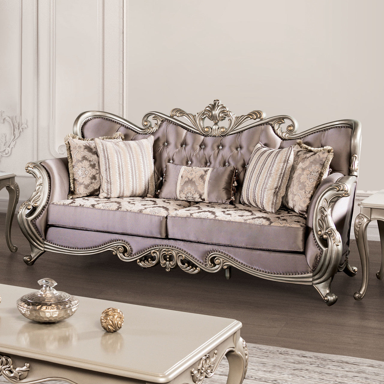 Albacete Traditional Velvet Sofa – Champagne & Purple