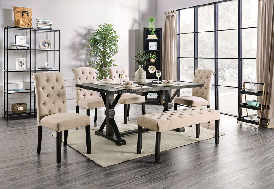 Alred 6-Piece Rustic Dining Set with Parsons Chairs & Bench – Antique Black & Ivory