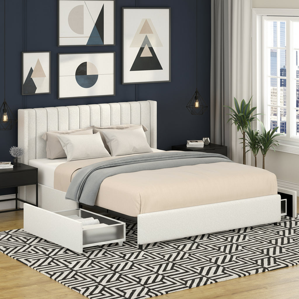 White upholstered bed with storage drawers in a bedroom setting.