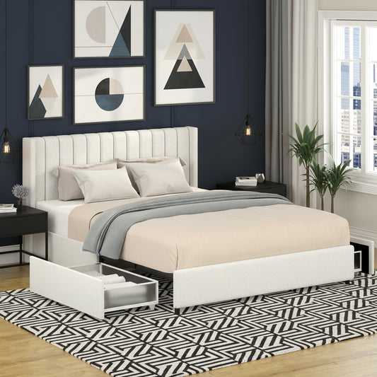 White upholstered bed with storage drawers in a bedroom setting.