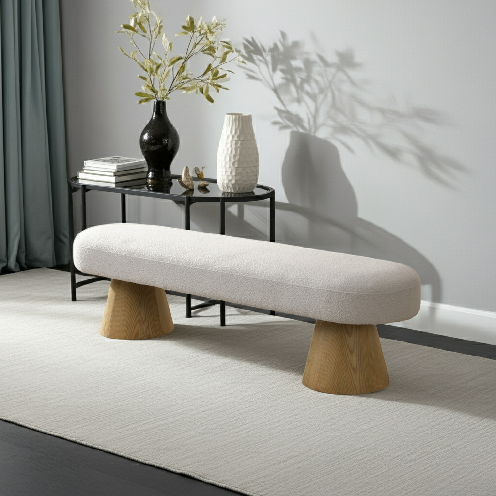 Modern bench with wooden legs in a minimalistic room setting