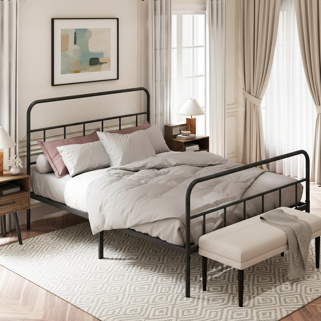 Black metal bed frame with white bedding in a bedroom setting.