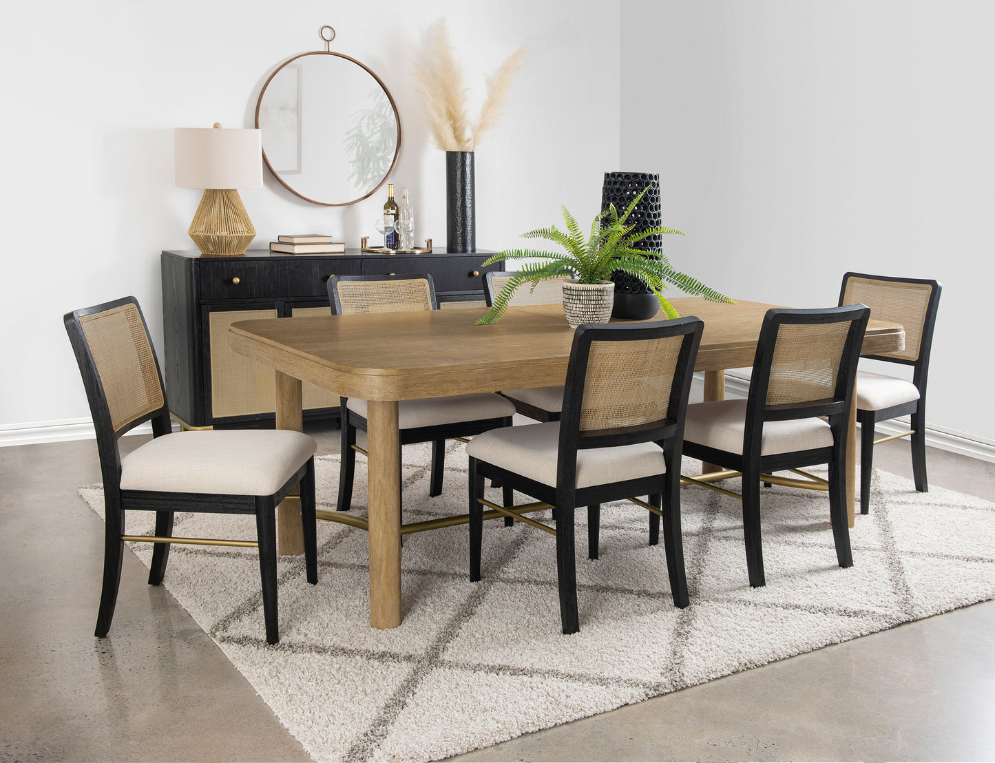 Arini 7PC 104" Solid Wood Dining Set with Extension Leaf & Rattan Chairs, Black