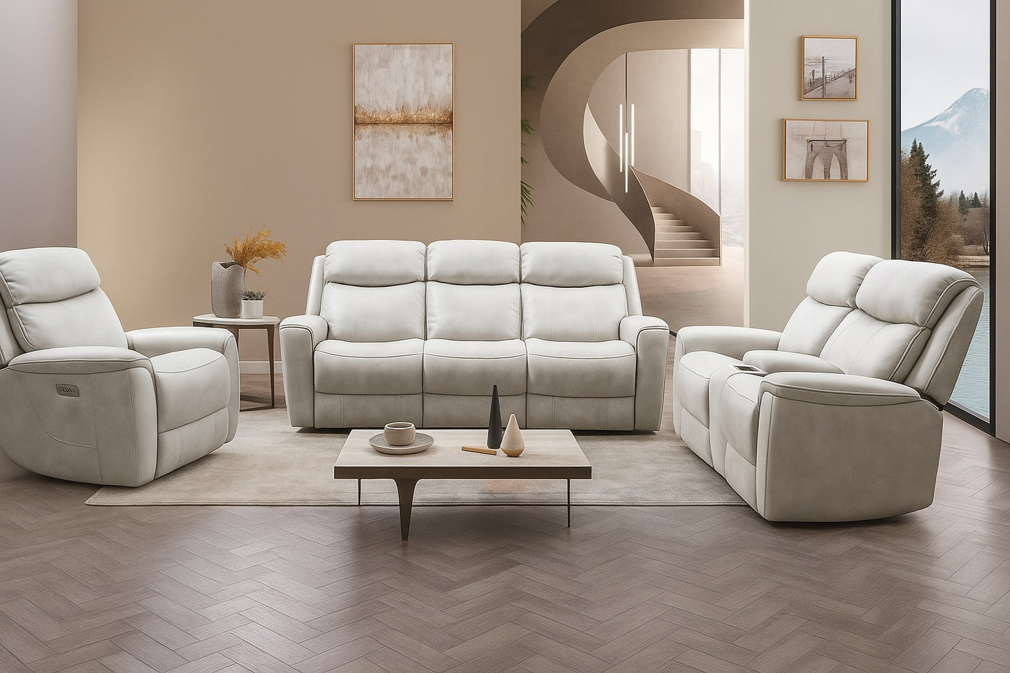 Artemia Transitional Power Reclining Sofa – Light Taupe Leatherette