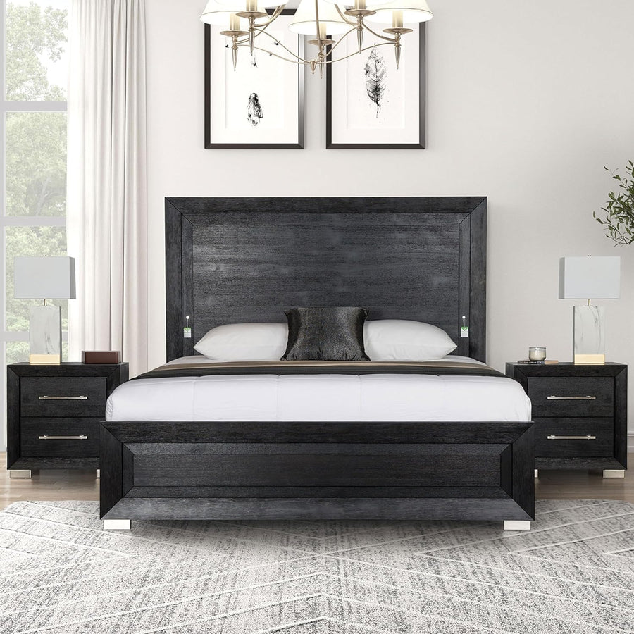 Ashbourne Contemporary Solid Wood King Bed with LED - Black & Chrome