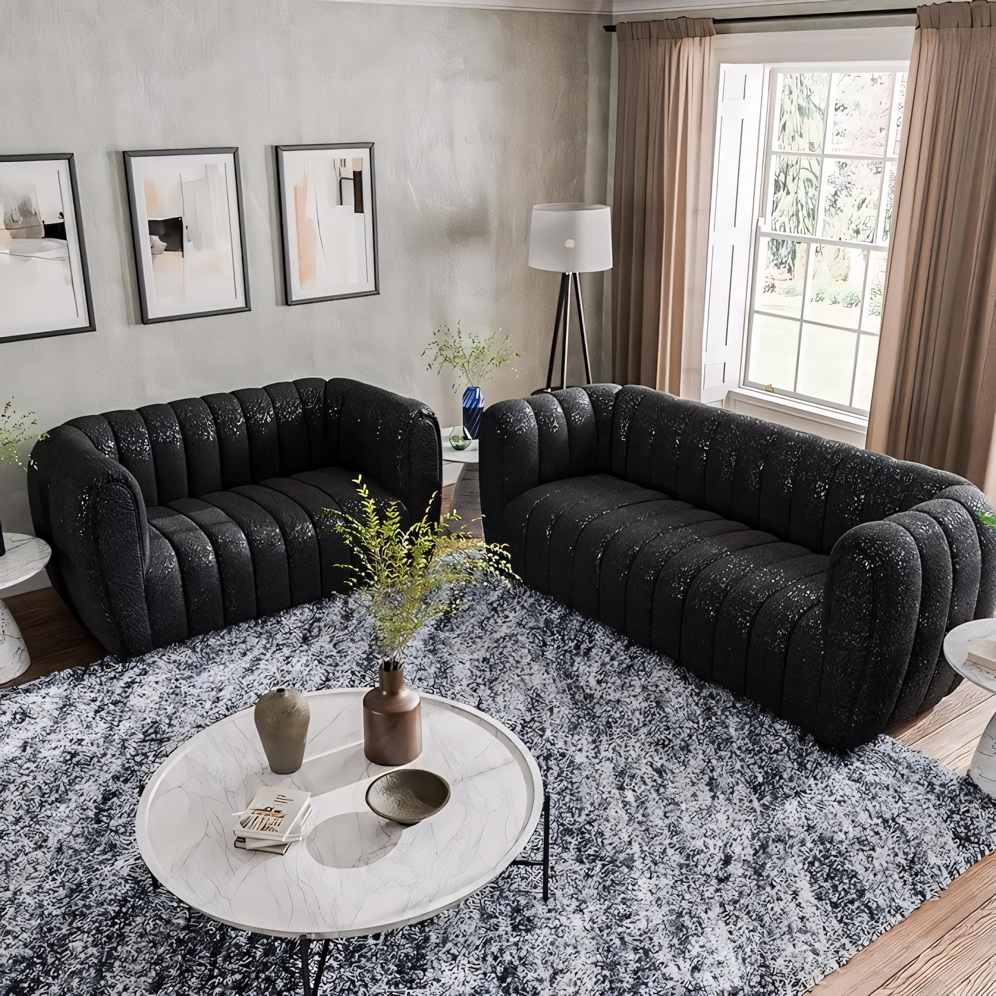 Aversa Contemporary Channel Tufted Sofa - Black Boucle