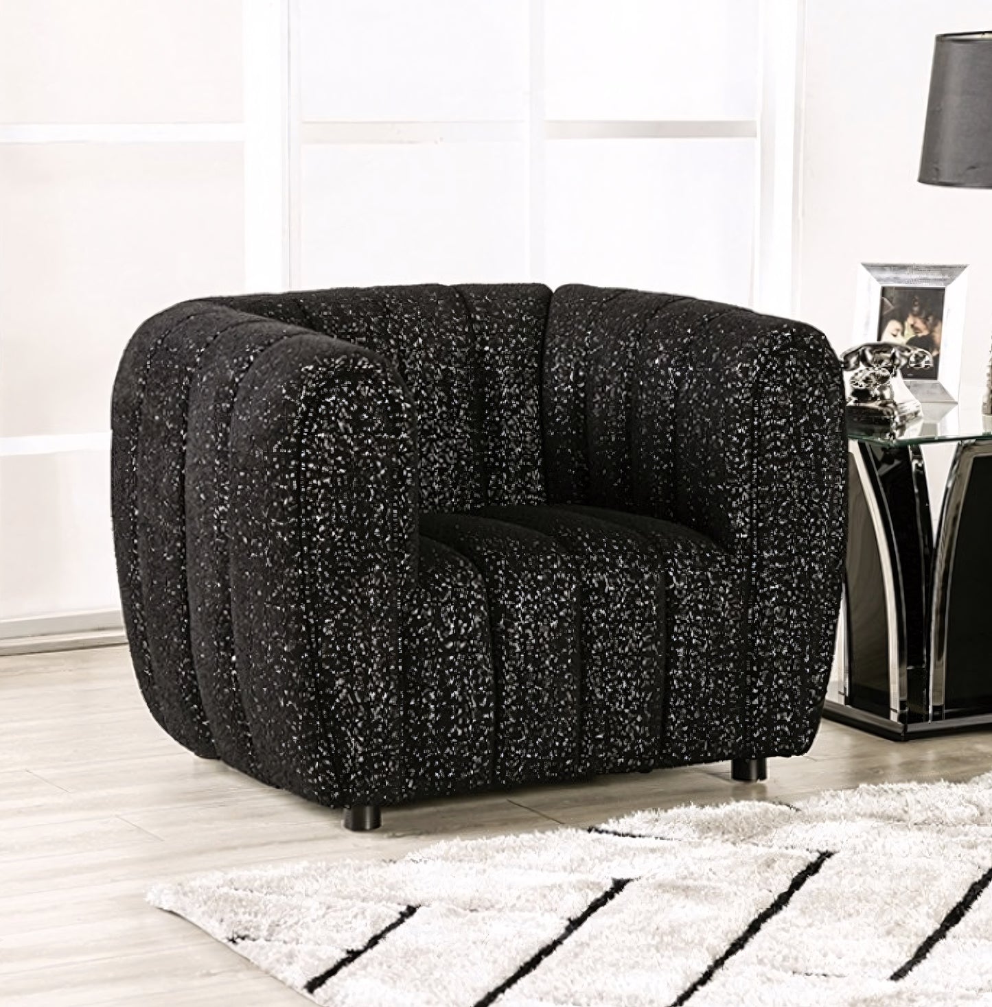 Aversa Contemporary Channel Tufted Sofa & Loveseat Set - Black Boucle