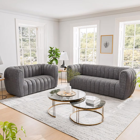 Aversa Contemporary Channel Tufted Sofa & Loveseat Set - Gray Boucle