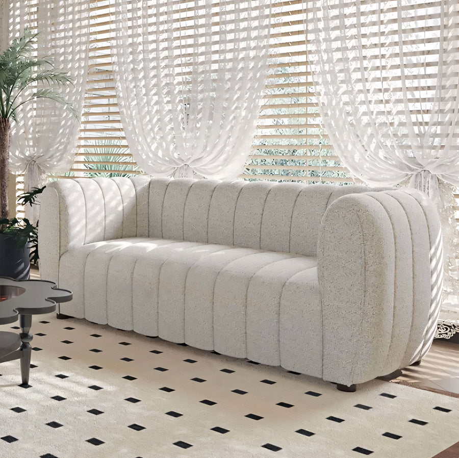 Aversa Contemporary Channel Tufted Sofa - Off-White Boucle