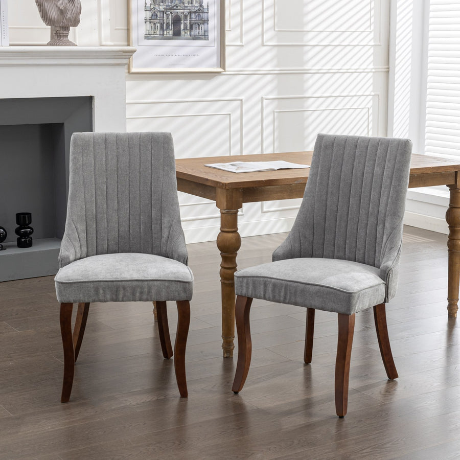 Gray Velvet Channel Dining Chairs with Wood Legs (Set of 2)