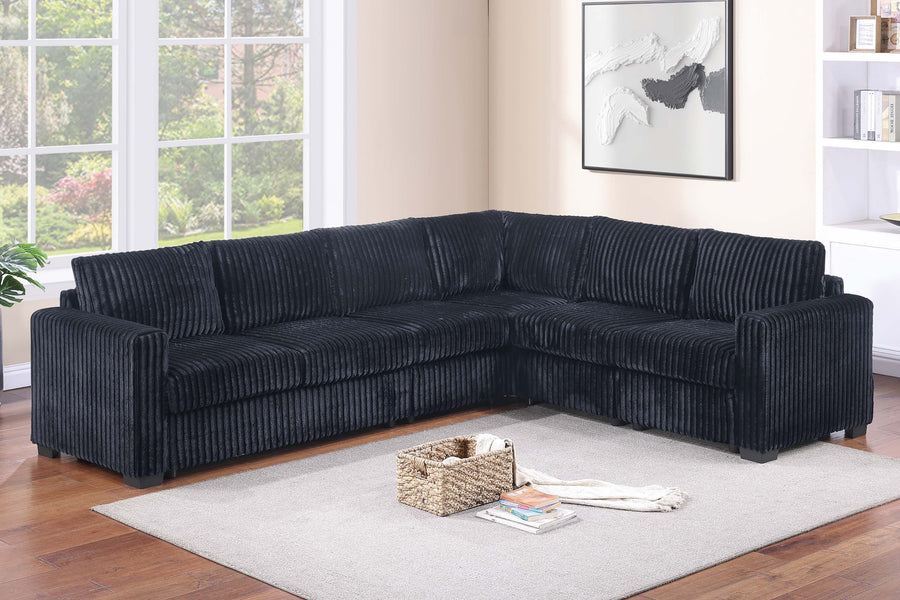 Black Finish L-Shaped Sectional Set 4pc One Arm Loveseat Armless Chair Corner Wedge Cushion Back Plastic Leg Corduroy Upholstered Primary Living Room - primary color shot