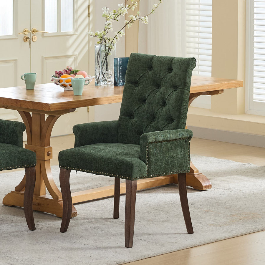 Olive Green Chenille Tufted Dining Chair with Wood Legs (1)