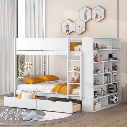 Full over Full Bunk Bed with 2 Drawers and Multi-Layer Cabinet - White - primary color shot