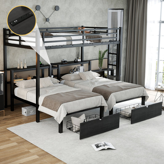 Full XL over Twin & Twin Triple Bunk Bed with Drawers - Black - primary color shot
