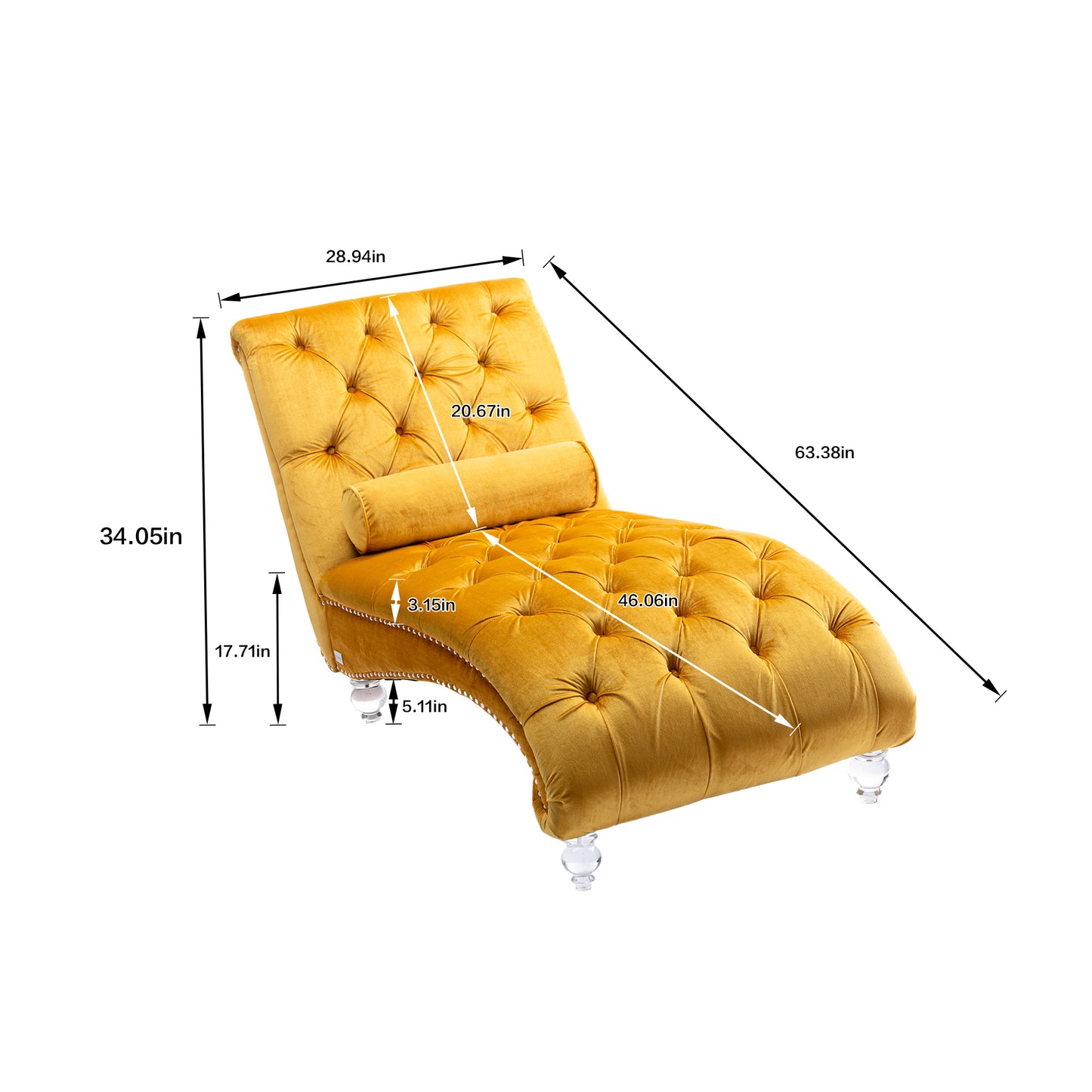 Mustard Velvet Tufted Chaise Lounge with Wood Legs - detail view 3