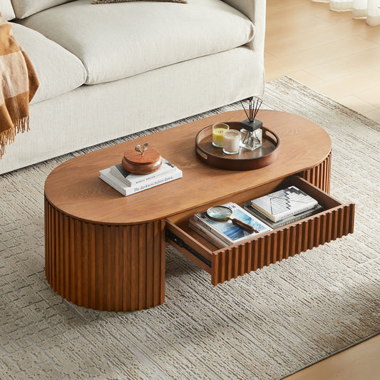 51.18'' Oval Wood Coffee Table with Drawer Mid Century Modern Coffee Table Unique Coffee Table - Brown - detail view 3
