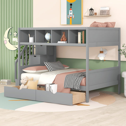 Twin over Full Bunk Bed with Shelfs - Gray - primary color shot