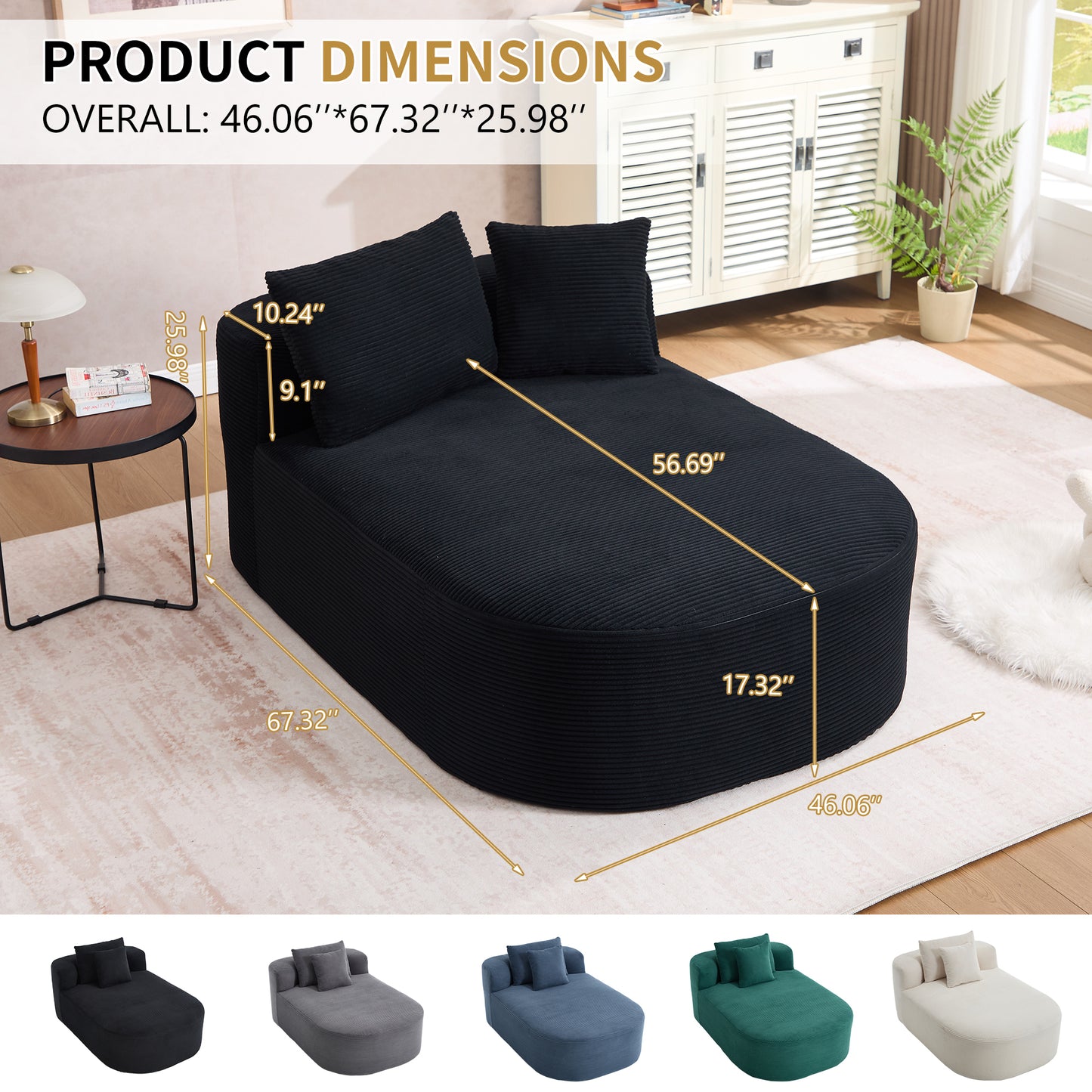 68" Chaise Lounge Chair 46'' Wide Seat Indoor Corduroy Oversized Sleeper Sofa - Black - detail view 2
