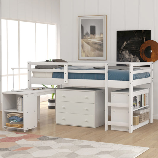 Low Study Twin Loft Bed with Cabinet and Rolling Portable Desk - White - detail view 2