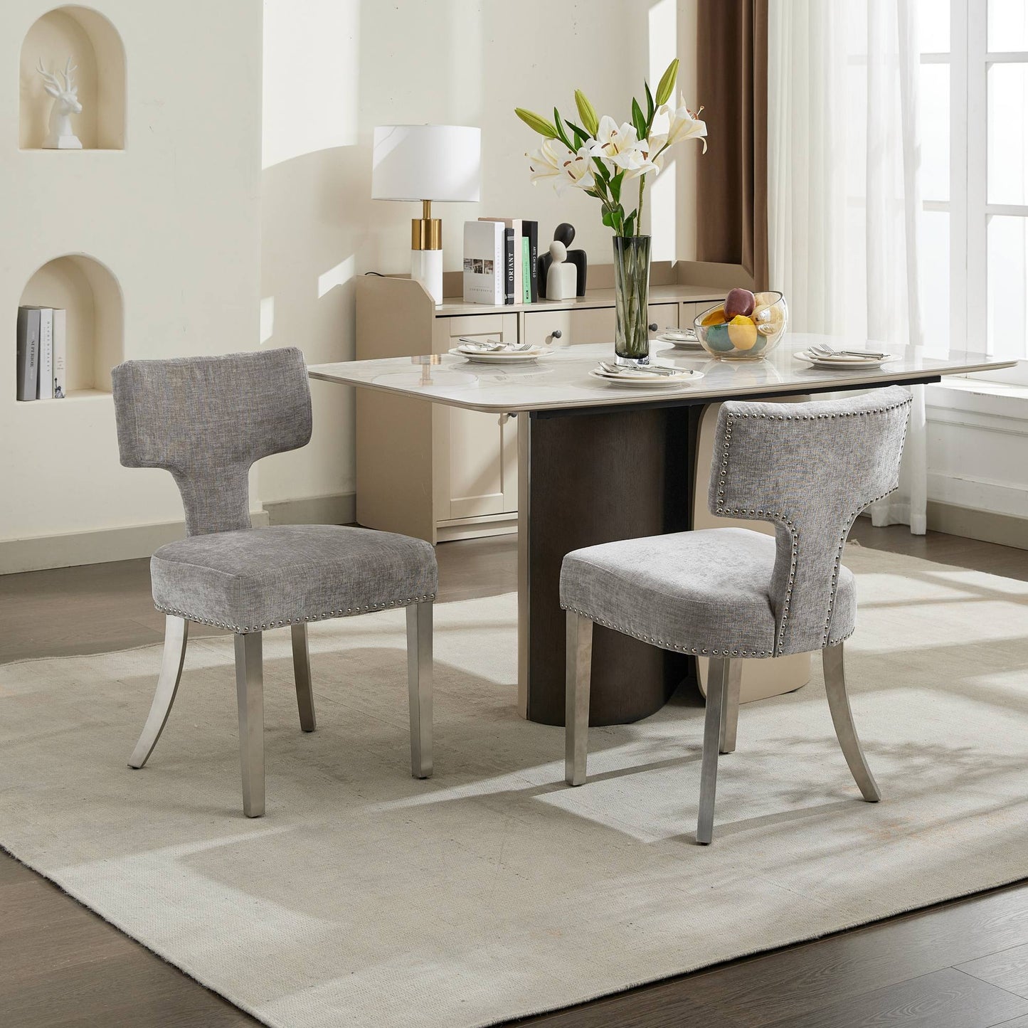 Gray Chenille Dining Chairs with Brushed Silver Legs (Set of 2)