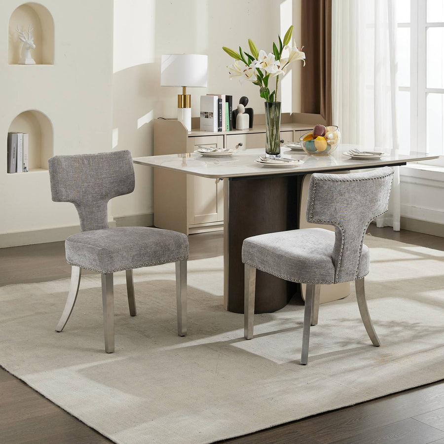 Gray Chenille Dining Chairs with Brushed Silver Legs (Set of 2)