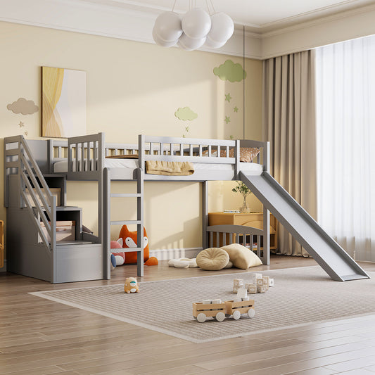 Stairway Twin Size Loft Bed with Two Drawers and Slide - Gray - primary color shot