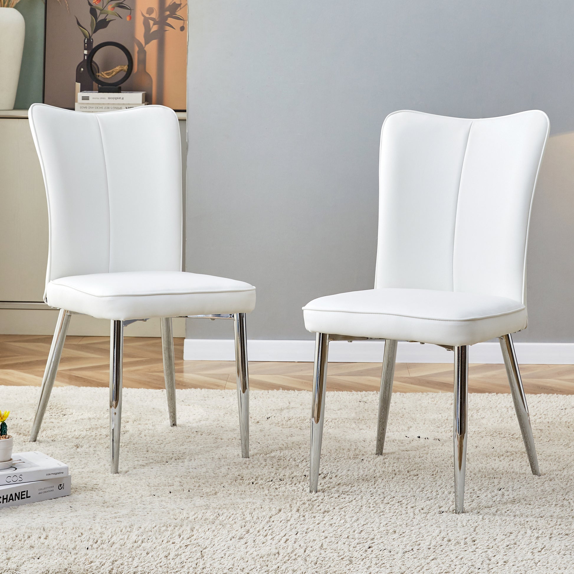 White PU Leather Dining Chairs with Silver Legs (set of 2) - detail view 2