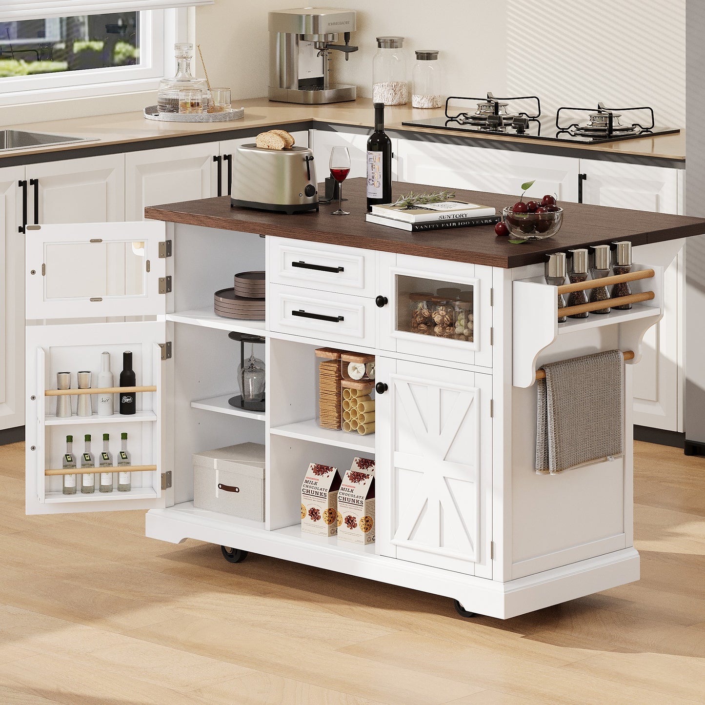 K&k 54.9' Kitchen Island with Drop Leaf - White - primary color shot