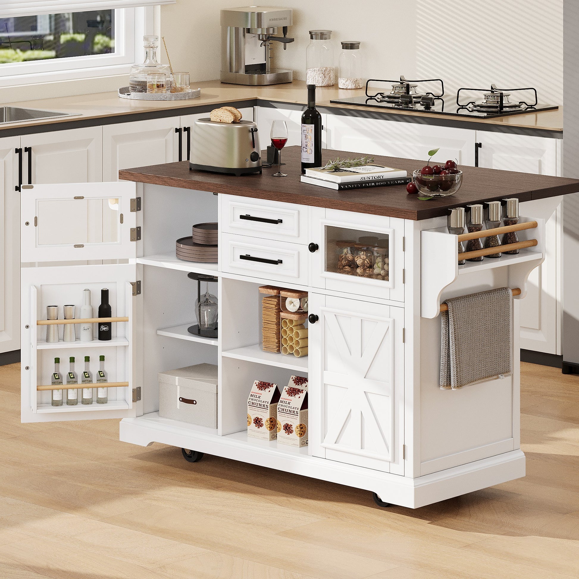 K&k 54.9' Kitchen Island with Drop Leaf - White - primary color shot