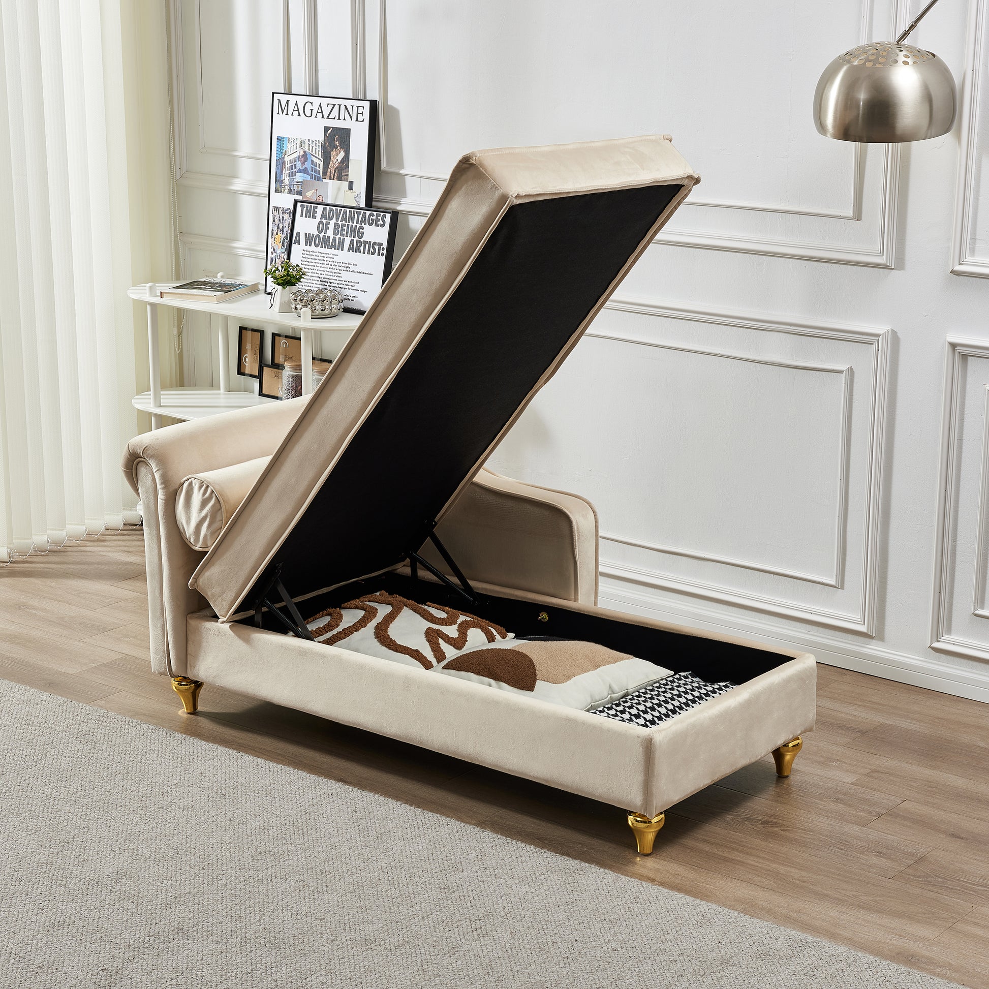 Modern Upholstery Chaise Lounge Chair with Storage Velvet (beige) - detail view 5
