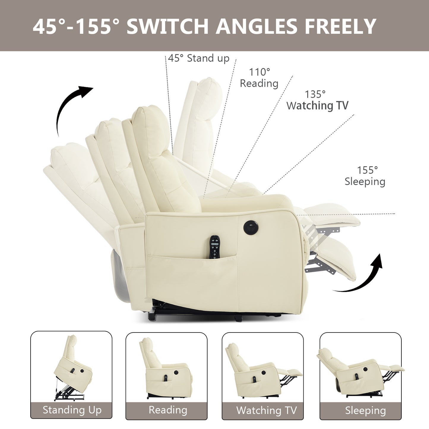 Beige PU Single Motor Power Lift Recliner Chair with Massage and Heat for Elderly - detail view 4