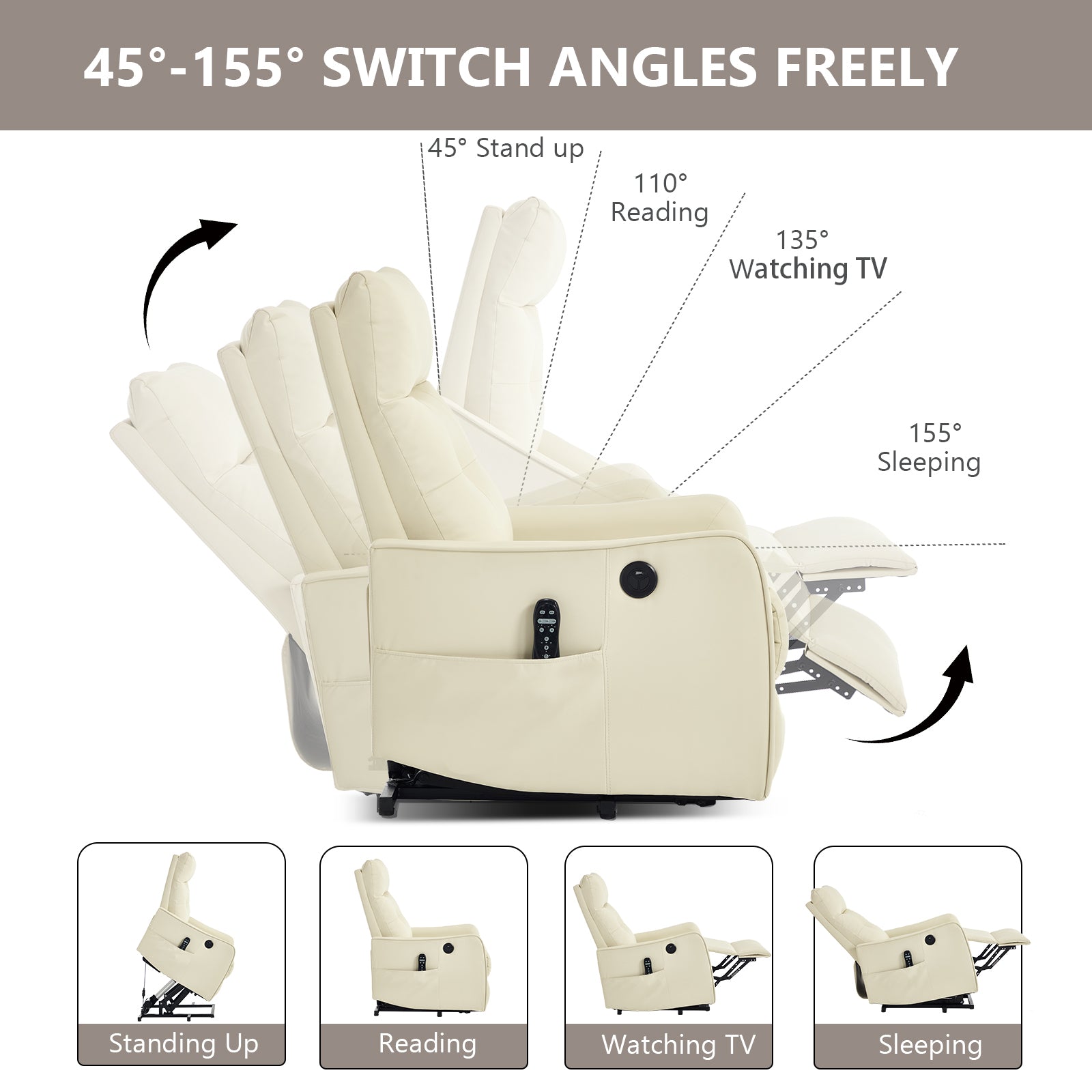 Beige PU Single Motor Power Lift Recliner Chair with Massage and Heat for Elderly - detail view 4