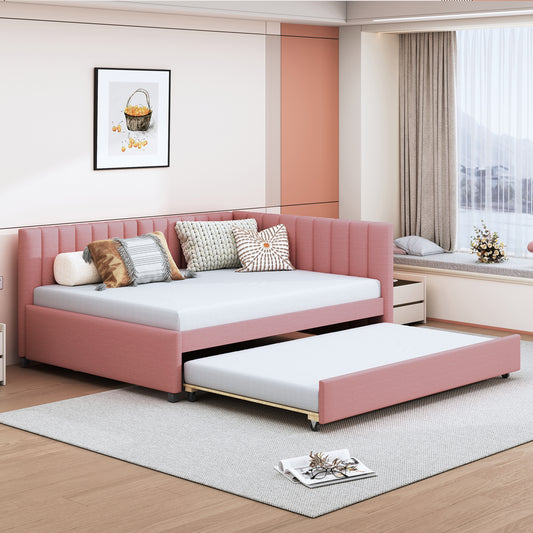 Lavinia Full Size Upholstered Daybed with Trundle, Pink