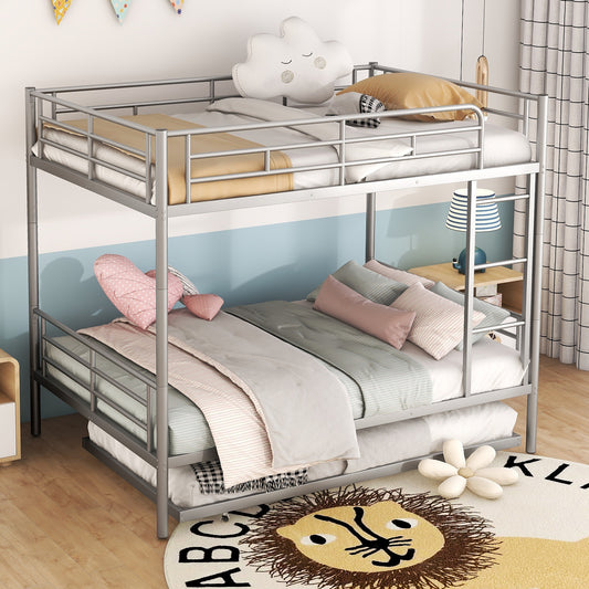 Delano Full Over Full Metal Bunk Bed with Trundle, Silver