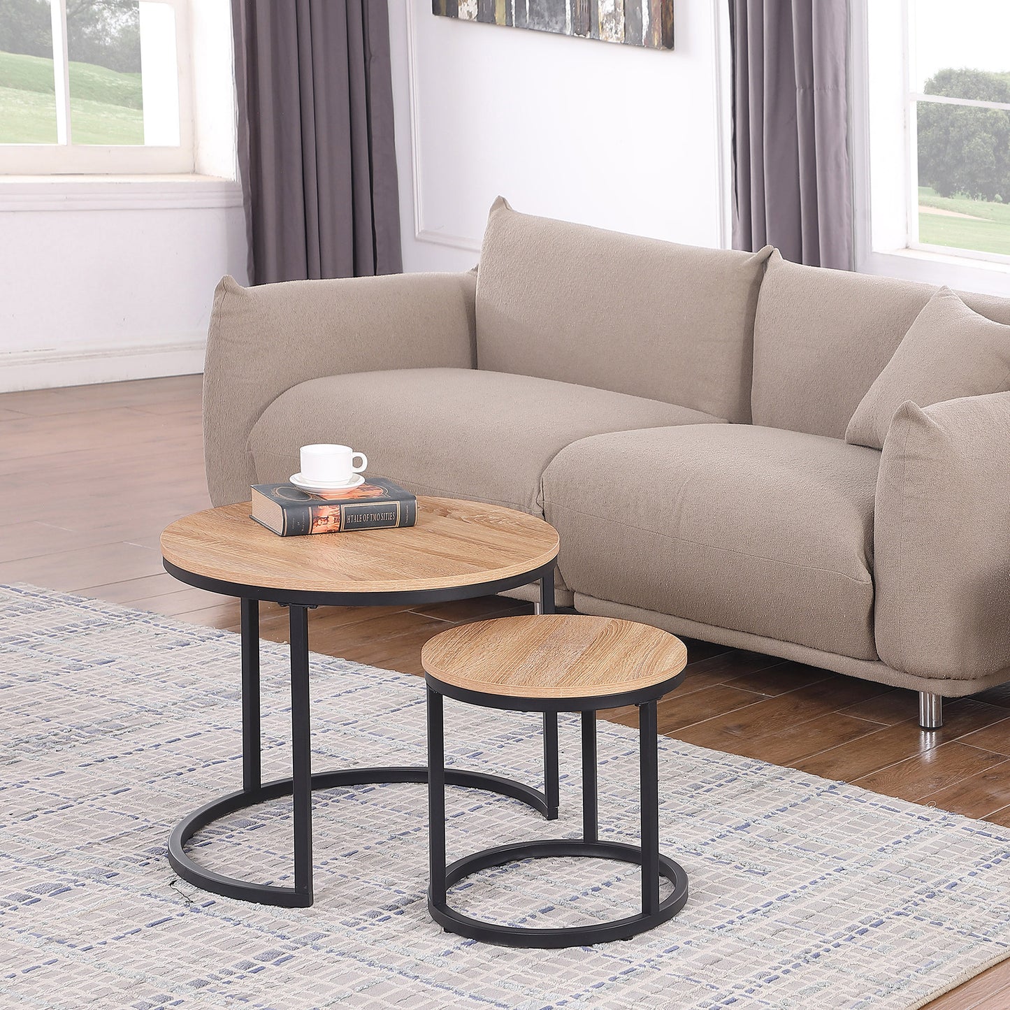 Oak Wood+metal Steel Frame Nesting Tables with Wood Legs - detail view 5