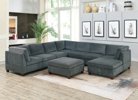 Living Room Furniture Grey Chenille Modular Sectional 9pc Set Large Family U- Sectional Modern Couch 3x Corner Wedge 4x Armless Chairs - primary color shot